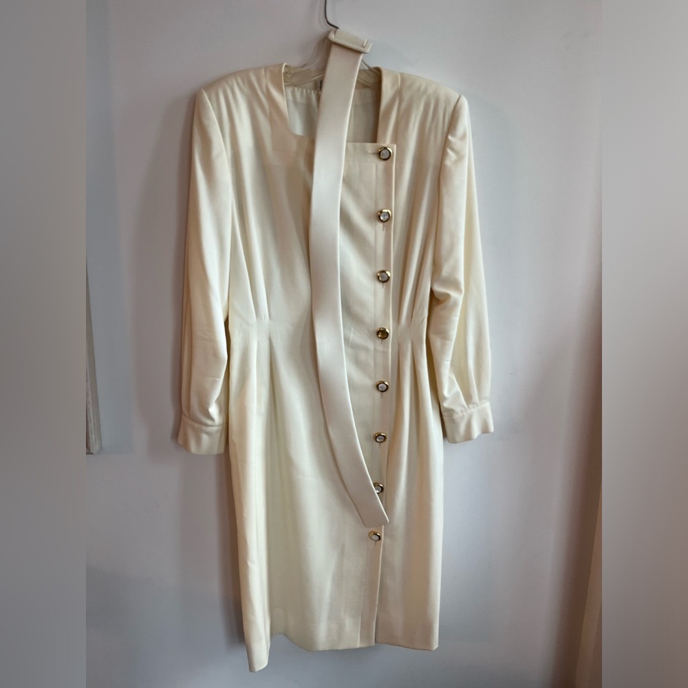 Vintage CELINE for Ira Berg Ivory Elegant Belted Long Sleeved Suit Dress WOOL 40